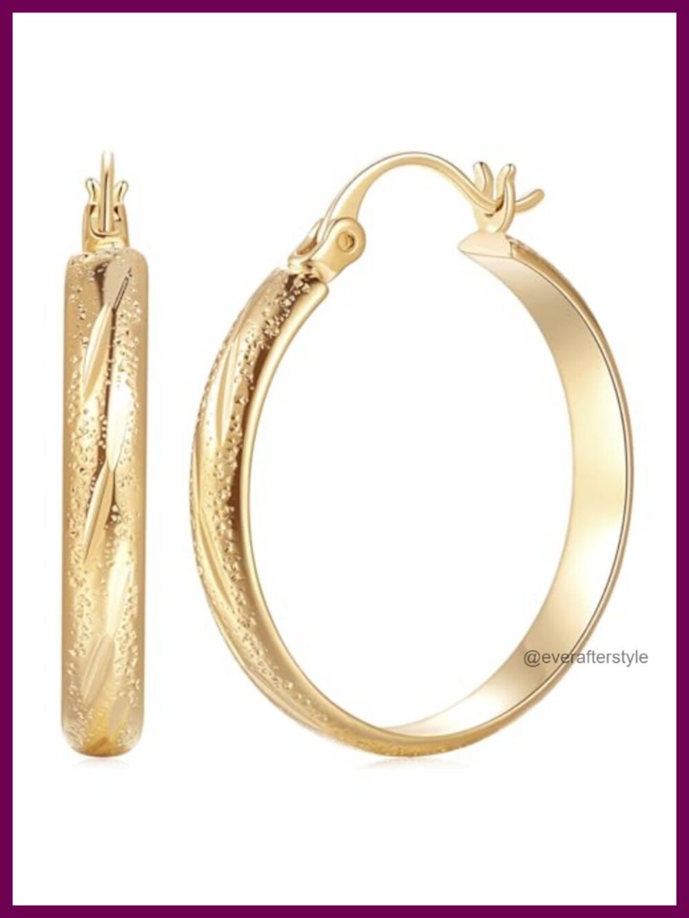 14K Gold Plated Hoop Earrings for Women, Textured Flat Hoop, Latch Back